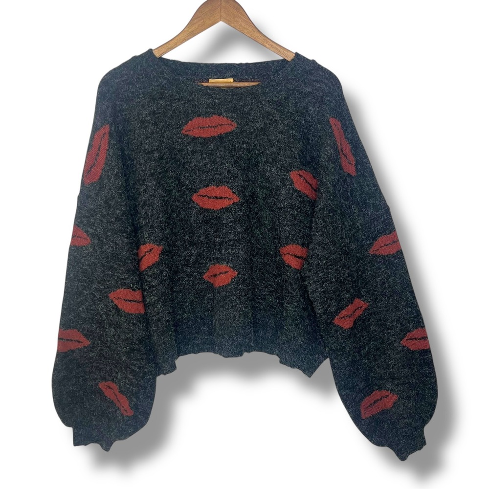 Pol Lipstick Kiss Sweater Top Charcoal Red L Fuzzy Whimsigoth Romantic Oversized